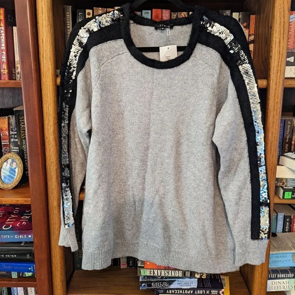 1 State grey crew neck sweater black fuzzy piping sequin stripe down arm nwt 1x
